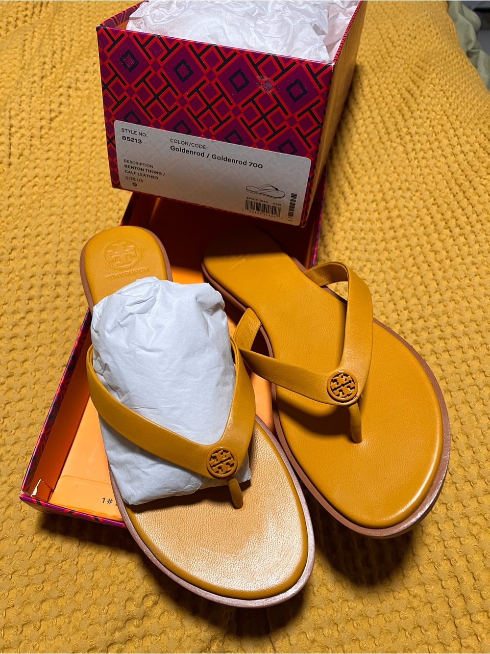 Tory Burch Goldenrod Yellow Leather Logo Thong Sandals
